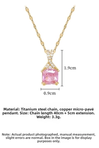 Detail of pink square zircon pendant necklace with titanium steel chain measurements