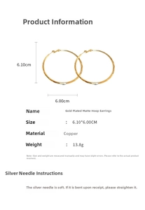 Detail view of large matte gold plated hoop earrings with precise size and weight specs