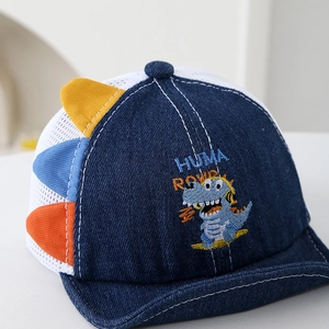 Blue denim and white mesh baby dinosaur cap with soft brim and cartoon embroidery