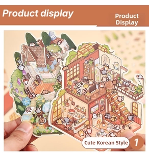 Detailed macro of Korean style 3D home scene stickers for DIY scrapbooking projects