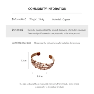 Detailed view of multilayer rose gold beaded open bangle with size and 21.6g weight info