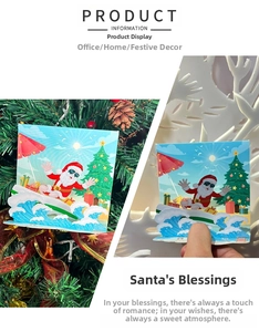 3D Christmas card featuring Santa surfing with layered paper cutting and blue waves