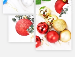 Close-up of red and gold Christmas ornaments with glitter and matte finishes on plush fabric