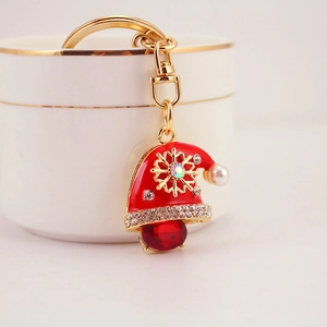 Creative Christmas hat keychain with red enamel, crystal rhinestones and golden metal finish