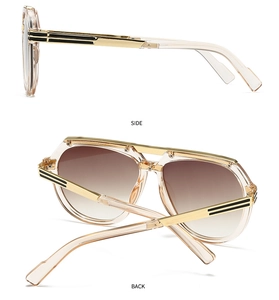 Detail view of side and back of champagne gold double-bridge retro sunglasses