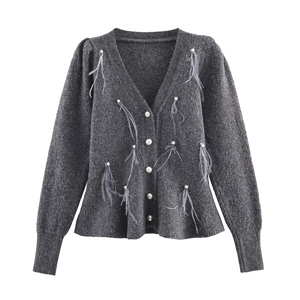 Cardigan In Maglia Con Nappa In Piume Donna Scollo A V Maglione A Maniche Lunghe Con Bottoni In Künstliche Perle Elegante Dolce Top In Poliestere