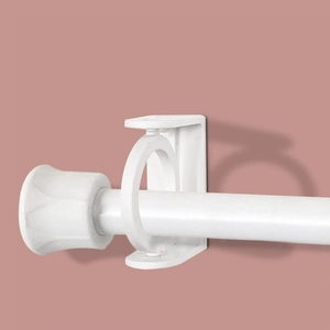 White adjustable telescopic curtain rod with swivel hook brackets and decorative finial