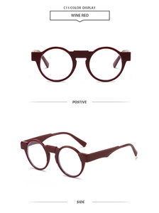 Detail view of wine red round vintage sunglasses frame model C11 from front and side