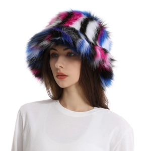 Close-up of the plush texture on the pink and blue camouflage faux fur bucket hat