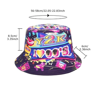 Retro Y2K fisherman hat with purple graffiti print and size measurements in white background