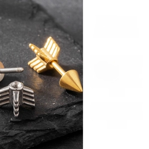 Détail macro de boucles d'oreilles flèche dorées et argentées avec fermoirs à vis