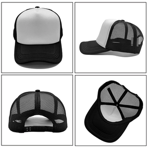 Detail view of black and white trucker hat featuring breathable mesh and adjustable snapback