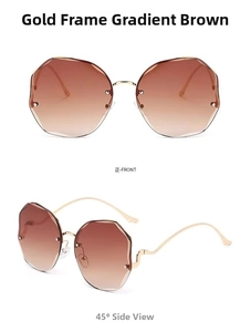 Front and side view of gold frameless sunglasses with gradient tea brown lenses