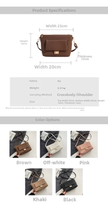 Detailed size specifications and color options for the striped textured shoulder bag