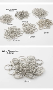 Silver open jump rings for DIY jewelry with 1.5mm and 2.0mm wire diameter variants