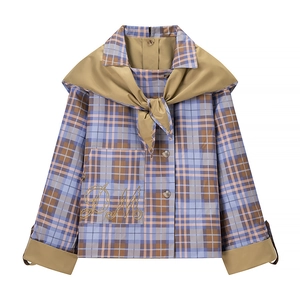Women's plaid jacket with khaki shawl collar and embroidered pocket on white background