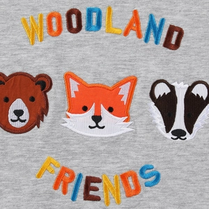 Boys' grey knit sweatshirt featuring woodland friends embroidery and cute animal patches