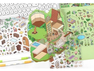 DIY Forest Villa 3D scenery sticker set with furniture and plant illustrations on a white desk