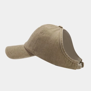 Detail view of khaki washed cotton baseball cap with ponytail opening and mesh lining