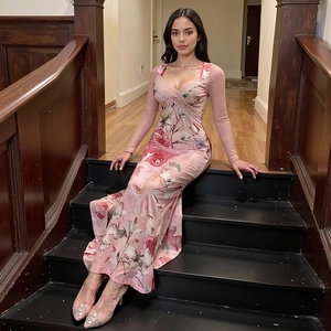 Pink Floral Maxi Dress Lace Patchwork V Neck Mesh Long Sleeve Slim Fit Fishtail Hem Sexy Elegant Women
