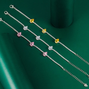 Detailed view of pear-cut colorful zircon bracelets with S925 heart pendant and extensions