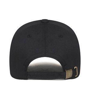 Rear view of black cotton baseball cap featuring adjustable bronze metal buckle strap
