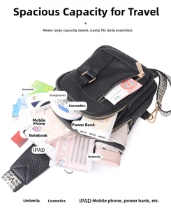 Detailed display of a large capacity black faux leather chest bag with various daily items