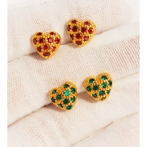 Heart Stud Earrings Brass Gold Plated Cubic Zirconia With 925 Sterling Silver Earring Post Vintage For Women