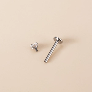 G23 titanium labret stud with internal thread and clear cubic zirconia in silver tone