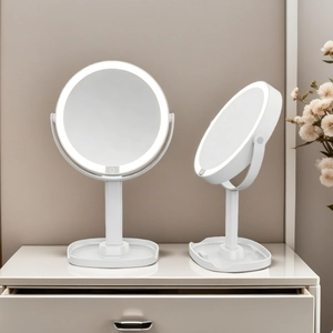 Dual high-definition LED desktop makeup mirrors with ring light and storage base