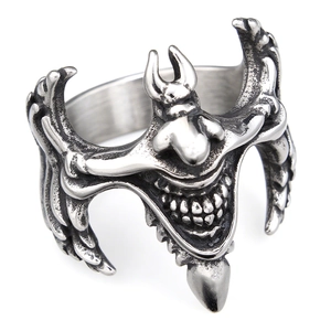 Gothic punk devil smile ring in vintage silver finish made of stainless steel