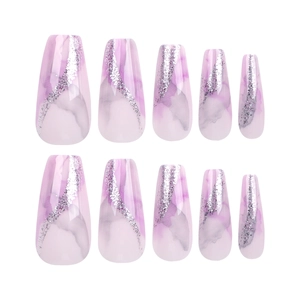 Purple marble press-on nails with silver glitter in medium coffin shape on white background