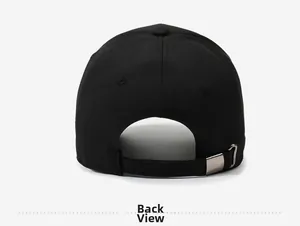 Detail view of the black cotton baseball cap showing back metal buckle and clean stitching