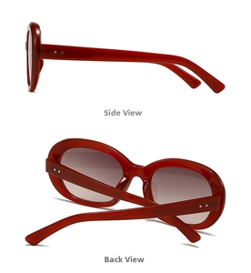 Detailed side and back view of retro oval sunglasses with red frame and gradient lenses