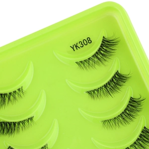 Detailed view of YK308 half false eyelashes on a lime green tray for a natural volume look