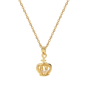 Golden crown necklace with zircon stone and cross detail on a polished steel chain