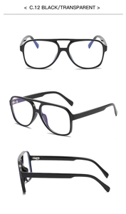 Three views of black double bridge oversized eyeglass frames with transparent lenses