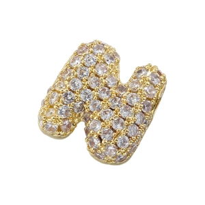 Detailed view of capital letter N pendant with gold plating and sparkling cubic zirconia