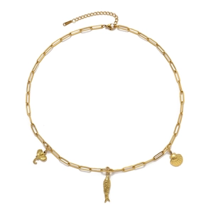 Gold stainless steel paperclip necklace with elephant fish and shell charms