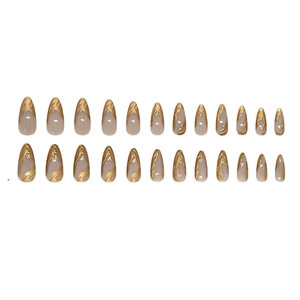 24pcs almond press on nails with golden 3D fluid metallic swirls on nude base