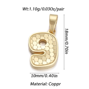 Gold number 9 pendant with textured finish showing measurements 18mm height and 10mm width