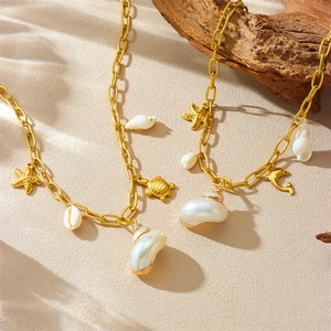 Ocean Theme Pendant Necklace Stainless Steel Gold Plated Natural Shell Starfish Dolphin Turtle Summer Beach Jewelry For Women