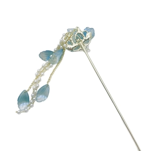 Elegant Chinese blue flower hair pin with pearl tassels and silver metal wand