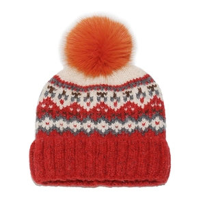 Close-up of knit beanie with red geometric patterns and a large orange fluffy pompom
