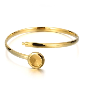 Minimalist gold stainless steel open bangle with round bezel for gemstone setting