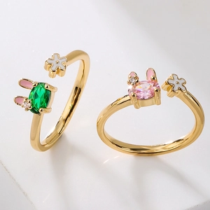 Cute Rabbit Ears Open Ring Copper Gold Plated With Zircon Enamel Flower Adjustable Fashion Jewelry