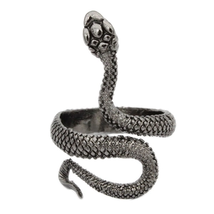 Gothic punk snake ring with textured scales in dark gunmetal grey finish