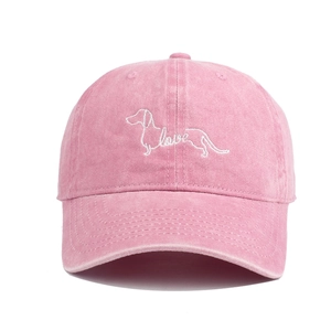 Pink washed cotton baseball cap with embroidered dachshund dog and love lettering