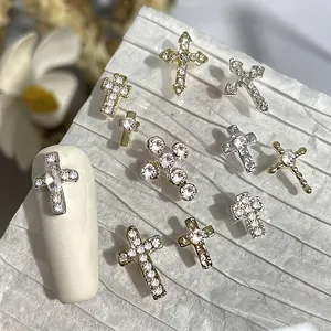 Alloy Cross Nail Art Charms Rhinestone Inlaid Gold Silver Metal Manicure Decorations For DIY Nails Women Jewelry Accessories