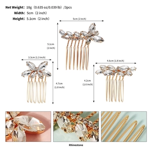 Dettaglio del set di pettini per capelli da sposa con strass e fiori dorati